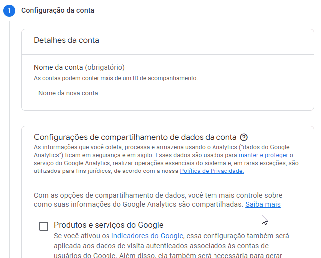 Configuração da conta no Google Analytics