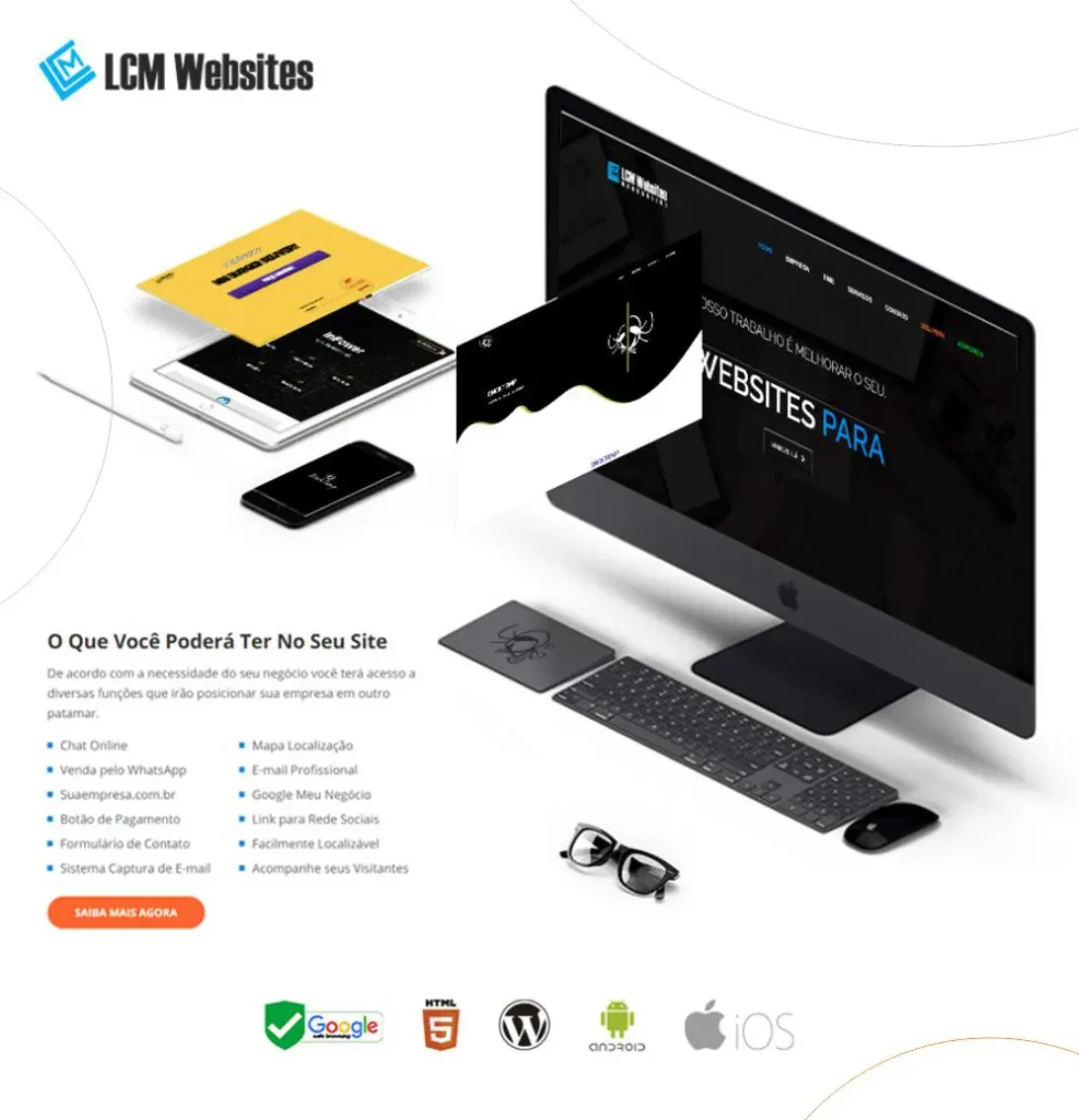 Apresentação dos serviços da LCM Websites com interface de computador, smartphone e tablet mostrando design de sites modernos e responsivos.