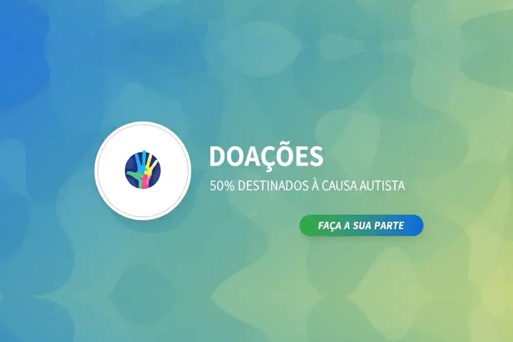 Banner horizontal com degradê azul e verde. À esquerda, um ícone circular branco centralizando a mão colorida símbolo do autismo. À direita, o texto 'DOAÇÕES - 50% DESTINADOS À CAUSA AUTISTA' e o botão 'FAÇA A SUA PARTE'.