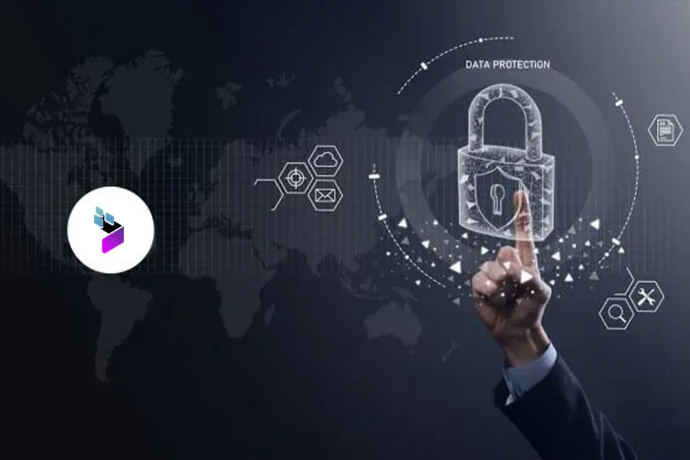 Interface digital com ícone de cadeado e texto 'Data Protection' representando a conformidade da LCM Sistemas com a LGPD.