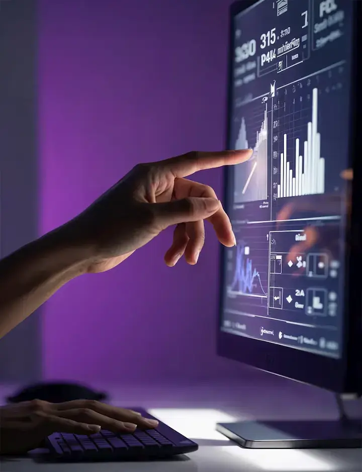 Pessoa apontando para monitor com gr&aacute;ficos complexos de an&aacute;lise de dados e dashboards de business intelligence em ambiente de ilumina&ccedil;&atilde;o roxa.