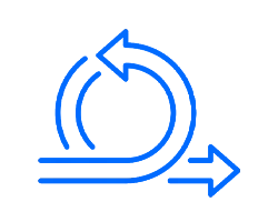 Ícone linear azul composto por uma seta em formato de ciclo infinito e uma seta de progresso para a direita, simbolizando a metodologia ágil, melhoria contínua e entregas incrementais no desenvolvimento de sistemas.