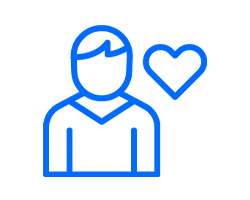 Ícone linear azul de um busto humano estilizado ao lado de um coração, representando o foco em pessoas, empatia e o compromisso social da LCM Sistemas em ajudar empresas através do software.