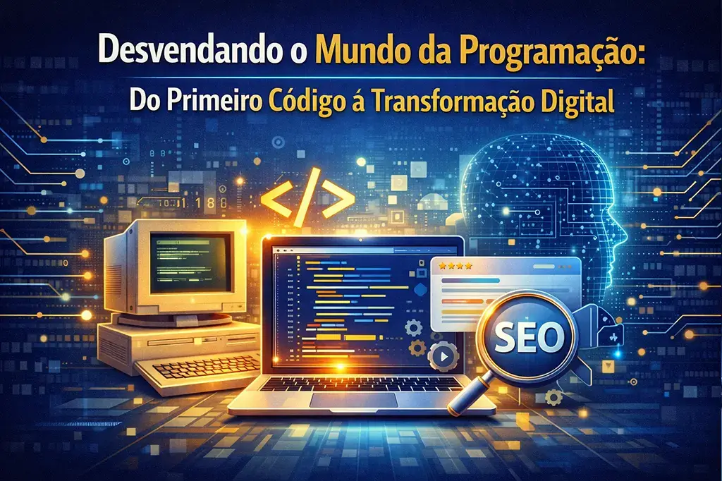 Ilustra&ccedil;&atilde;o representando a evolu&ccedil;&atilde;o da programa&ccedil;&atilde;o do primeiro c&oacute;digo at&eacute; a transforma&ccedil;&atilde;o digital com desenvolvimento de sistemas e solu&ccedil;&otilde;es web.