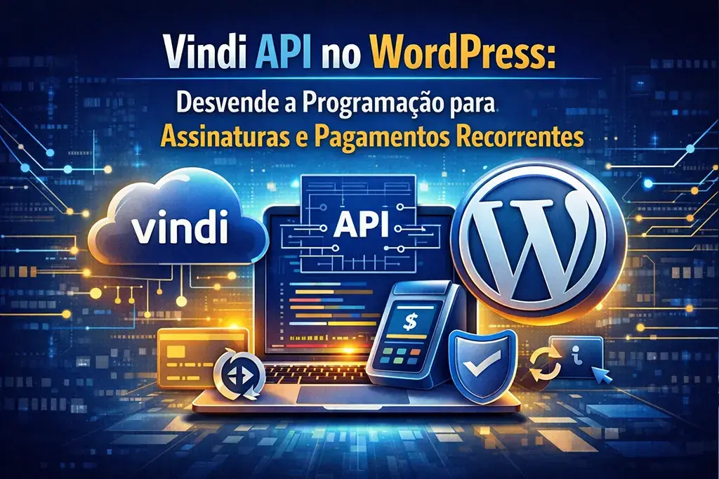 Ilustra&ccedil;&atilde;o representando integra&ccedil;&atilde;o da API da Vindi com WordPress para gerenciamento de assinaturas e pagamentos recorrentes online.